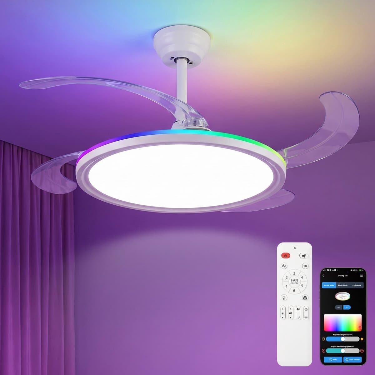 3 Blad Plafondventilator - LED Ventilator - Smart Lamp - 6 Snelheden - Bedienbaar Met Afstandsbediening & APP - 105 cm - RGB - Plafondventilatorlamp — afbeelding 1