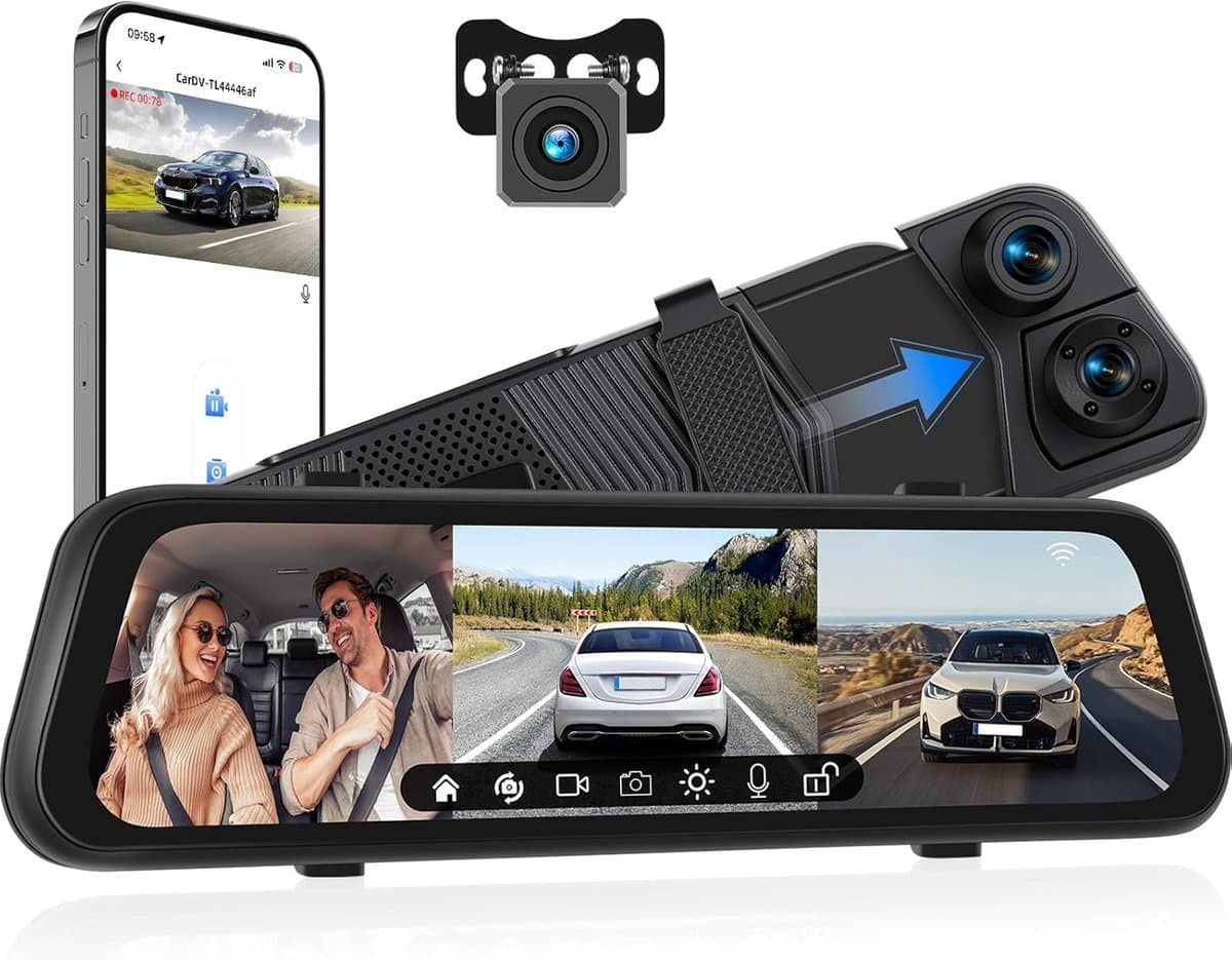 SnelShoppen - 3-Kanaals Dashcam met App, 9.66-inch IPS Touchscreen, Nachtzicht, Loopopname, 24-Uur Parkeerbewaking, G-Sensor, Parkeerhulp — afbeelding 1