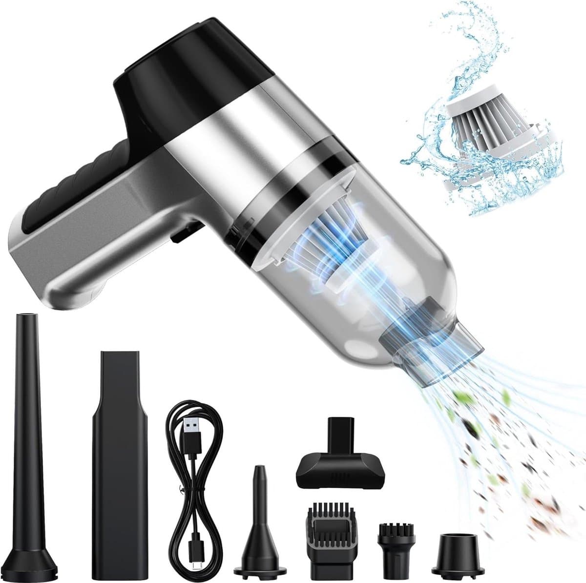 Handstofzuiger 12000 Pa USB-oplaadbaar - draadloos en draagbaar - 3-in-1 autostofzuiger - sterk met 2 wasbare HEPA-filters - voor outdoor kantoorreiniging en dierenharen. — afbeelding 1