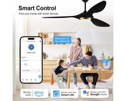 reiga 132cm Zwart-Goud Moderne Plafondventilator met Verlichting en Afstandsbediening, Slim WiFi, 3 Bladen, Stille DC-motor voor Woonkamer, Slaapkamer, Terras, Garage
