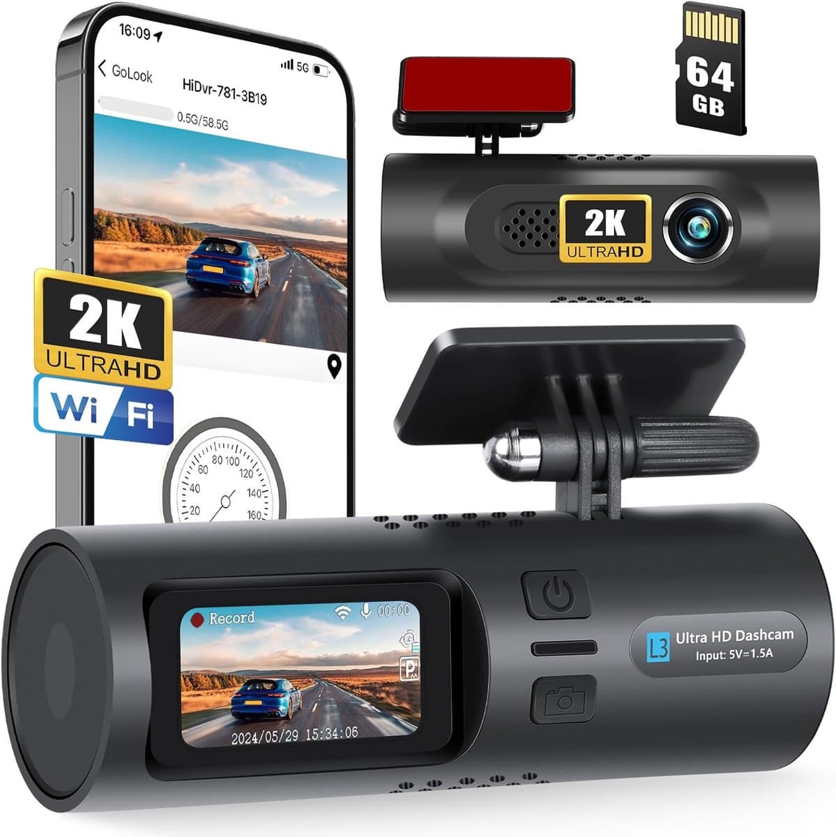 Dashcam Auto, 2K WiFi met App Controle, Dashcam Voorkant Binnenkant met 64GB SD Kaart, Ingebouwd Display 1.5 inch, Dashcam Ondersteunt Parkeer Bewaking, G-Sensor, Lus Opname, Loop Recording — afbeelding 1