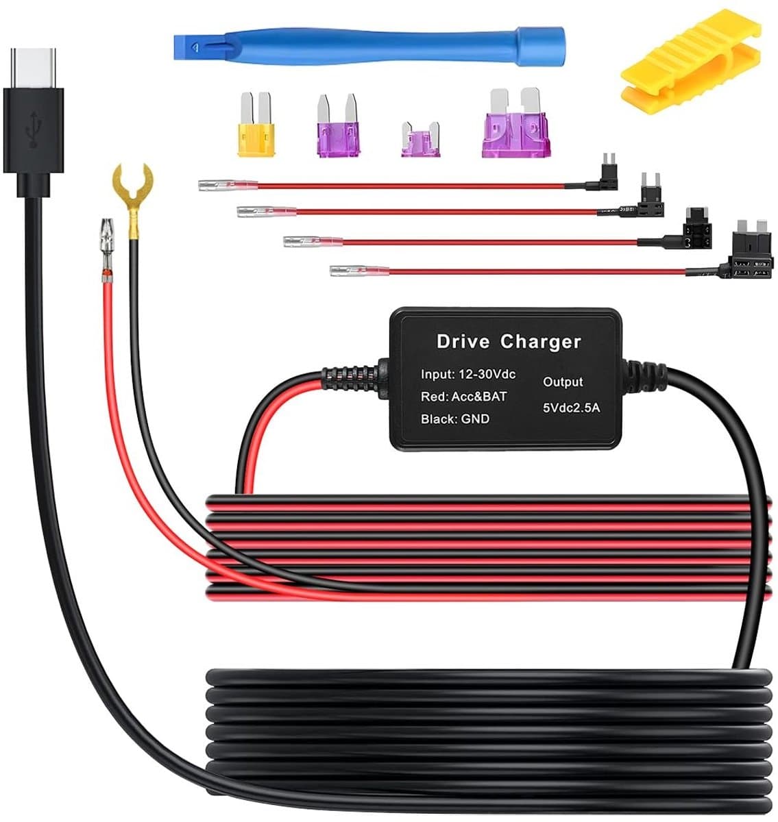 Dailygoody - Dash Cam Oplader - Universele Dash Cam Hardwire Kit - Hoogwaardige Kwaliteit - Type-C USB - Laagspanningsbeveiliging - Geschikt voor Dash... — afbeelding 1