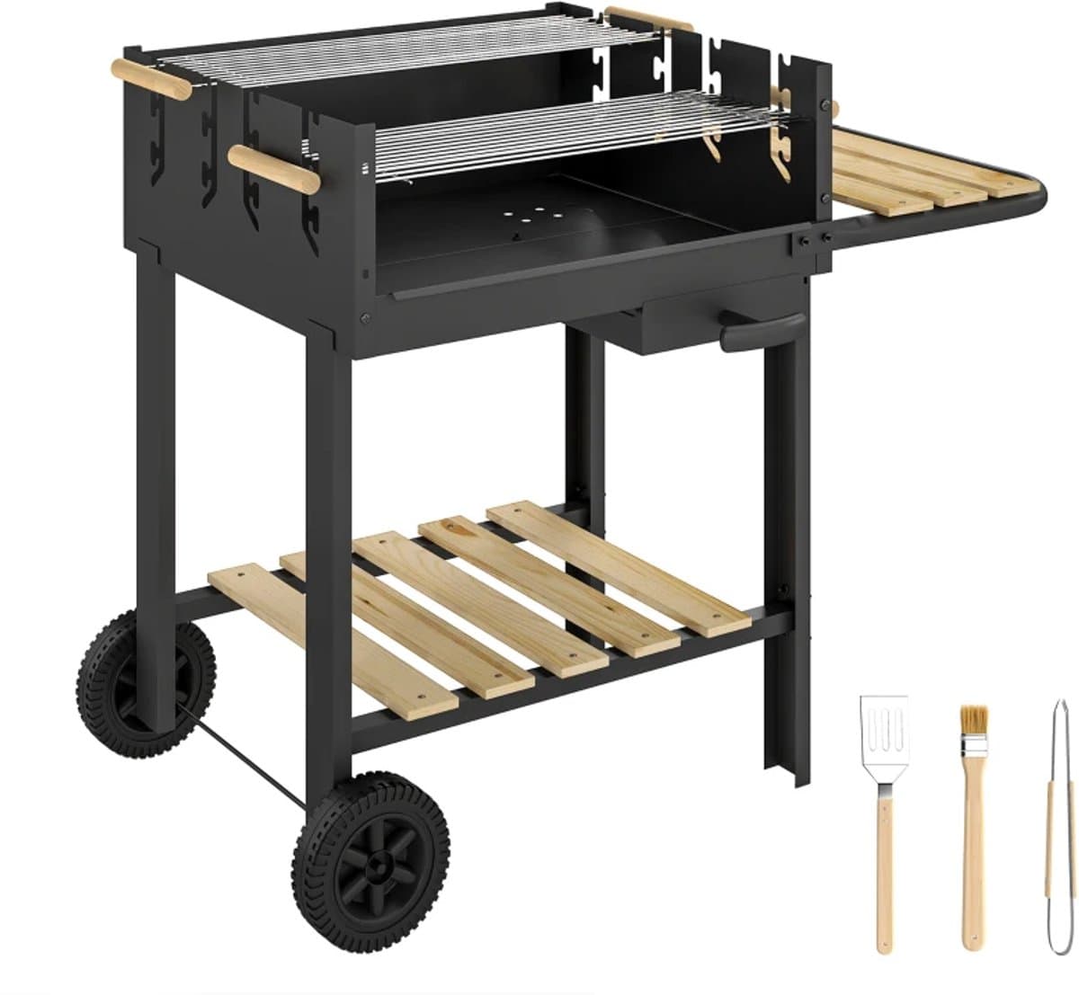 Premie Houtskool Barbecue - Smoker Barbecue - Houtskoolgrillwagen - Houtskoolgrill - met in 4 Standen Verstelbaar Grillrooster, Asbak, Wielen - BBQ voor Kamperen, Buiten, Tuin - 99,5 x 58 x 82 cm - Zwart — afbeelding 1