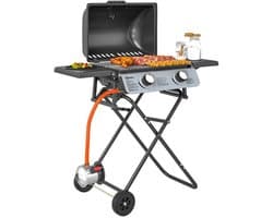 Gasbarbecue - Inklapbaar Gasbarbecue en Gasgrill - 2 Branders - Grillwagen - 5,6 kW - met Grillrooster, Wielen, Bijzettafels, Drukregelaar, Slangen, Thermometer - 101 x 50 x 102 cm - Zwart