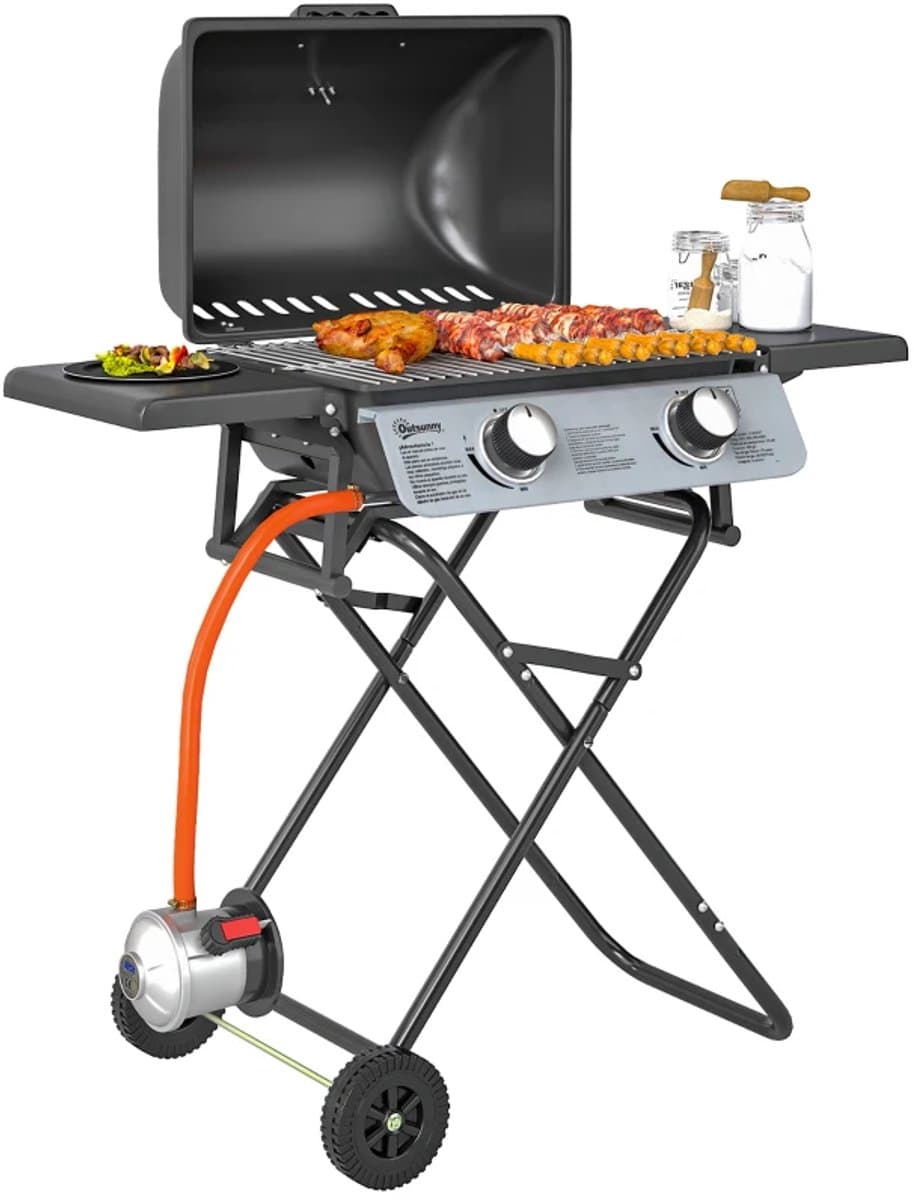 Gasbarbecue - Inklapbaar Gasbarbecue en Gasgrill - 2 Branders - Grillwagen - 5,6 kW - met Grillrooster, Wielen, Bijzettafels, Drukregelaar, Slangen, Thermometer - 101 x 50 x 102 cm - Zwart — afbeelding 1