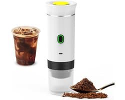 Witte draadloze koffiemachine voor in de auto, thuis en op reis, 3-in-1 elektrische koffiemachine, geschikt voor capsules of gemalen koffie, mini-koffiemachine (15 bar) voor koud brouwen en warm koffiezetten, kopje met een inhoud van 15 ml.