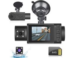 Dashcam 3 kanalen met 1296P video, IR-nachtzicht, G-sensor en parkeermonitor voor auto