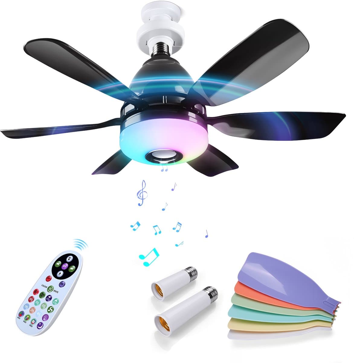 Plafondventilator met Lamp door MMOBIEL – LED Plafondventilator met Bluetooth Speaker, E27 Fitting, RGB Licht, Dimbaar 3000K-6500K, Muzieksync, 3 Snelheden, 2x6 Bladen, Afstandsbediening – Zwart — afbeelding 1