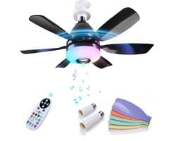 Plafondventilator met Lamp door MMOBIEL – LED Plafondventilator met Bluetooth Speaker, E27 Fitting, RGB Licht, Dimbaar 3000K-6500K, Muzieksync, 3 Snelheden, 2x6 Bladen, Afstandsbediening – Zwart