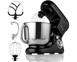 Multifunctionele Keukenmachine met Rvs Kom - 5L, 2200W, 6 Snelheden, Spatdeksel, Deeghaak en Garde (Zwart)