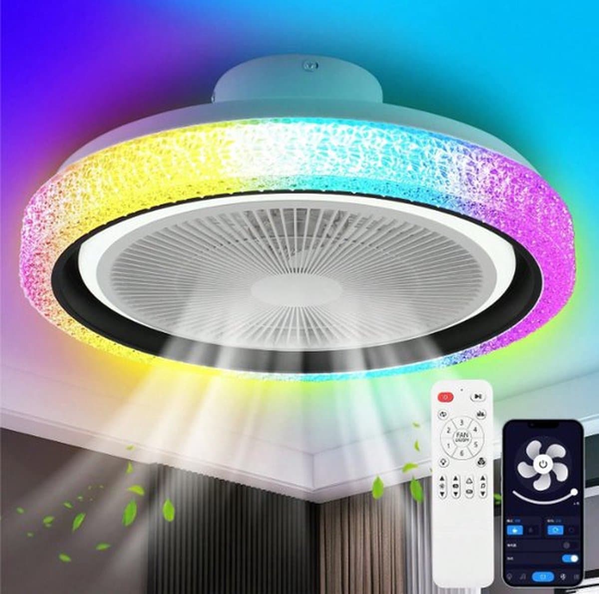 RGB Ventilator Lamp - Plafondventilator Met Speaker - Dimbaar - 6 Standen Ventilator - Wit - Keuken Lamp - Woonkamerlamp - Moderne lamp — afbeelding 1