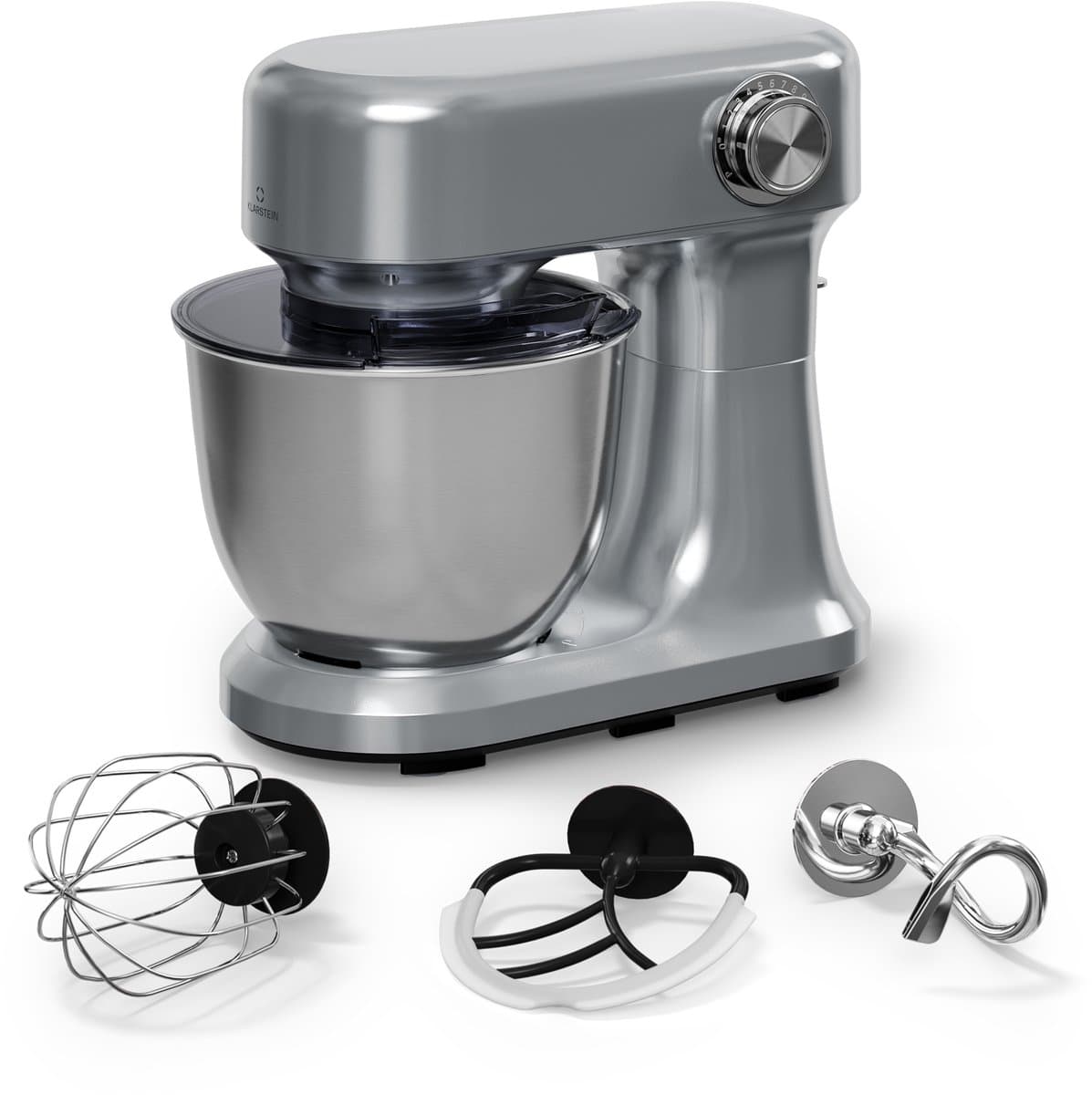 Klarstein Bella Evo 1500W keukenrobot – 5L roestvrijstalen kom, 12 snelheden, planetaire mixfunctie, pulsefunctie, deeghaak, klopper & garde, keukenrobot voor bakken, zilver — afbeelding 1