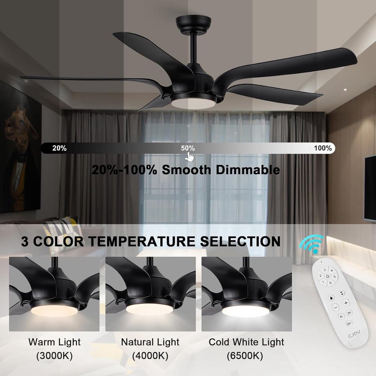 Plafondventilator met Verlichting en Afstandsbediening, 142 cm, Stil, Dimbaar, 6 Snelheden, 5 Bladen, Zwart — afbeelding 1