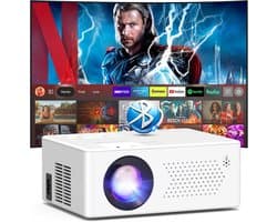 SnelShoppen - Smart Mini Beamer met Android, Draagbare Full HD 1080P Projector, WiFi6 Bluetooth 5.2, 50% Zoom, 200 Inch Display voor Thuisbioscoop, Ca