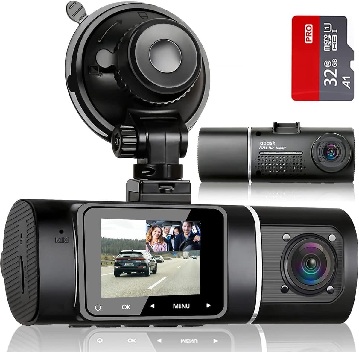 SnelShoppen - Dash Cam Abask, 1080P+1080P Auto Dashcam met 32G SD-kaart, 310° Groothoek, Nachtzicht WDR, G-sensor, Parkeermonitor, Loopopname en Beweg — afbeelding 1