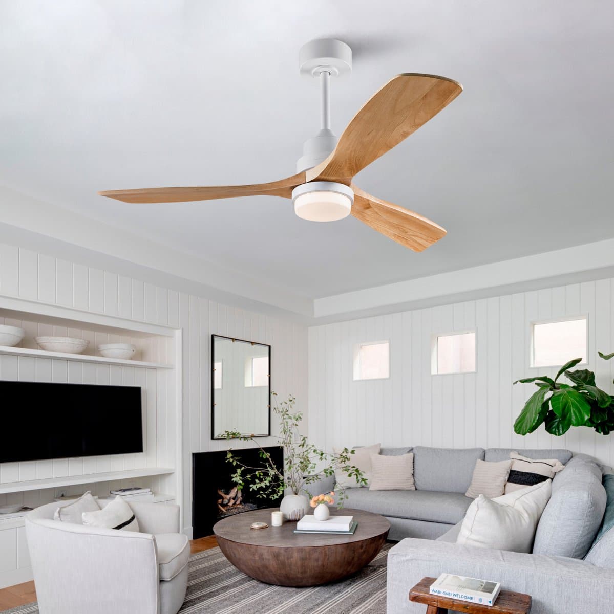 HAUSS SPOLE Ventilator – 132 cm – Met Verlichting En Afstandsbediening – Metaal En Massief Hout – Wit En Naturel – Voor Woonkamer En Slaapkamer — afbeelding 1