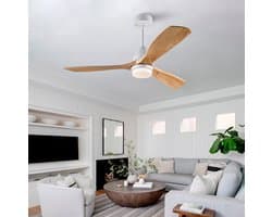HAUSS SPOLE Ventilator – 132 cm – Met Verlichting En Afstandsbediening – Metaal En Massief Hout – Wit En Naturel – Voor Woonkamer En Slaapkamer