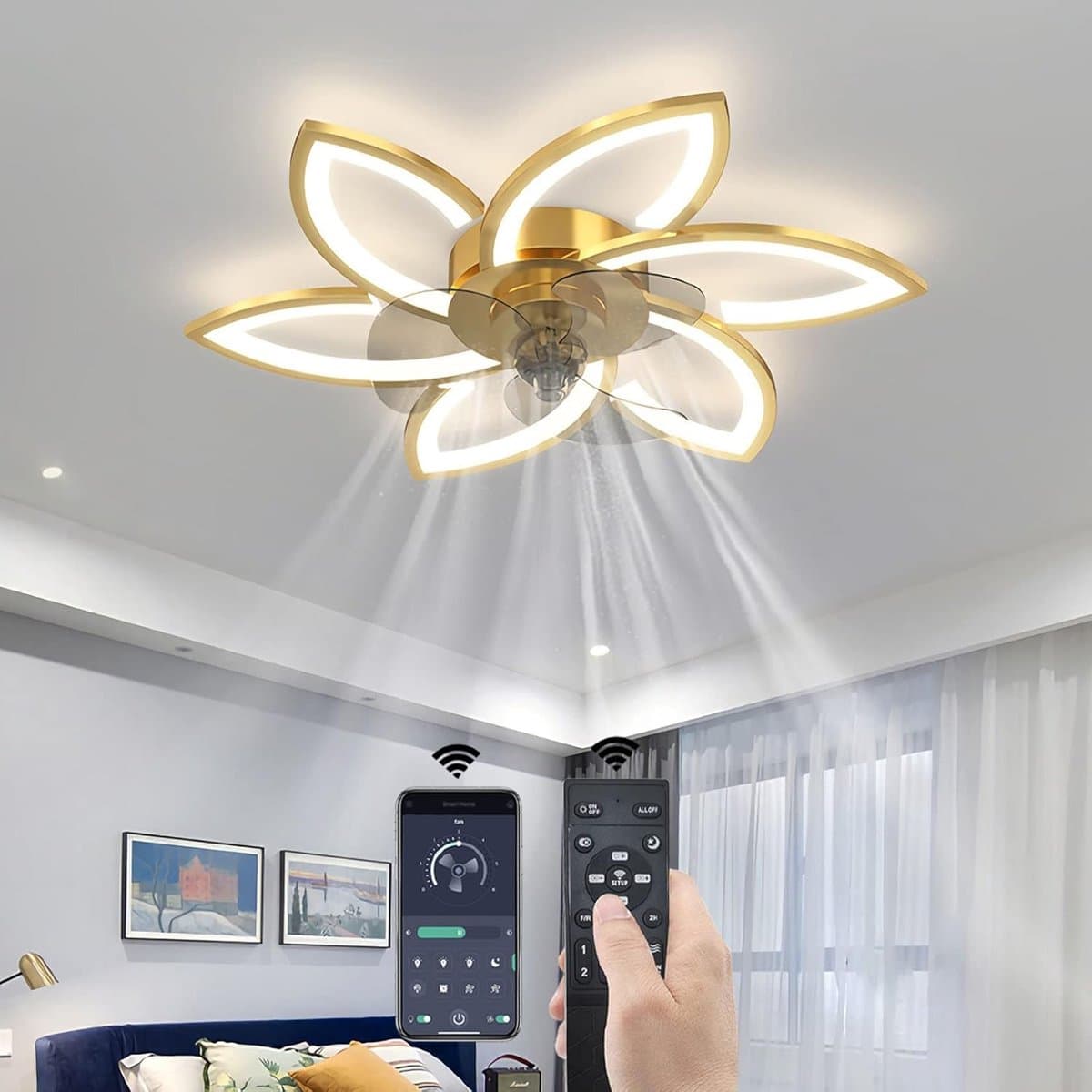 Plafondventilator met dimbare verlichting en afstandsbediening – Creatieve bloemvormige lamp 70W — afbeelding 1