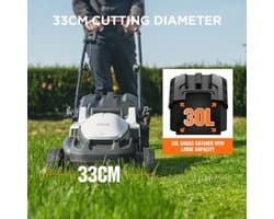 Draadloze Grasmaaier – Accu Grasmaaier – Elektrische Grasmaaier – Batterij Grasmaaier – Tuinmaaier – Borstelloze Motor – 33 cm Maaibreedte – 2x 2,0 Ah Accu