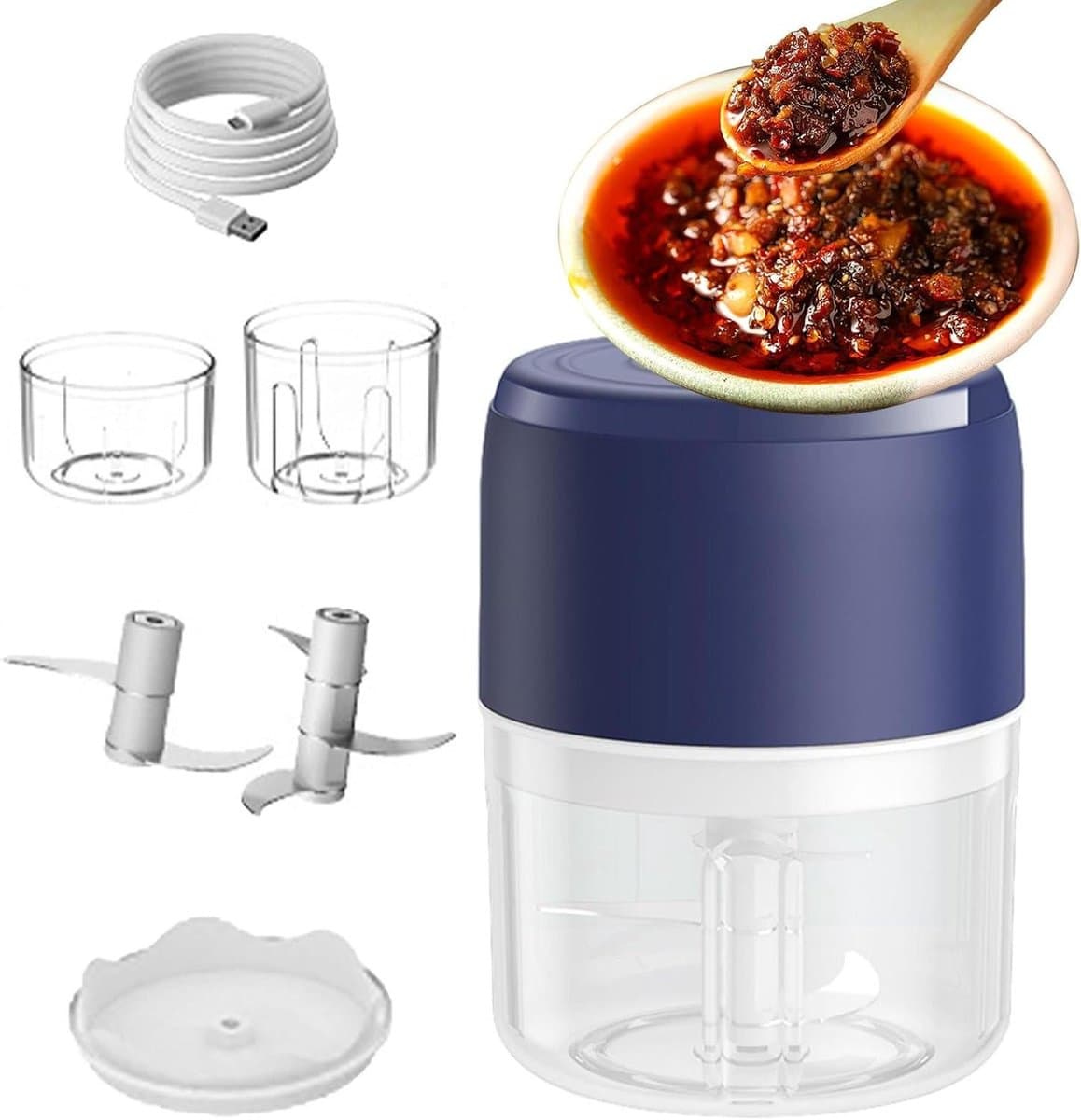 Elektrische Voedselhakker - Mini Keukenhulp - Snel Ingrediënten Snijden - USB Oplaadbaar - 9 x 10 x 9 cm - Blauw — afbeelding 1