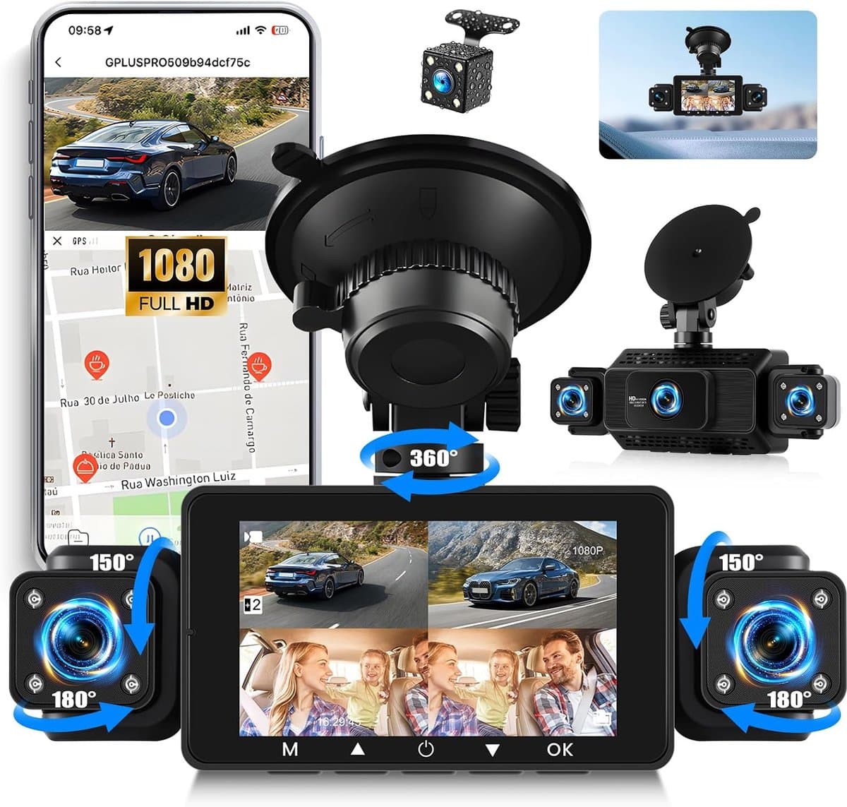 SnelShoppen - 4-kanaals spiegel dashcam 1080p resolutie met 3 inch scherm, G-sensor, bewegingsdetectie, nachtzicht met 8 IR-leds, loop-opname en wifi- — afbeelding 1