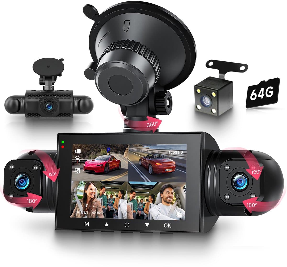 SnelShoppen - Dash Camera 360° 4-kanaals dashcam auto FHD 1080p met 4 camera's voor, achter, links en rechts, 3 inch met IR-nachtzicht, 24H parkeermon — afbeelding 1