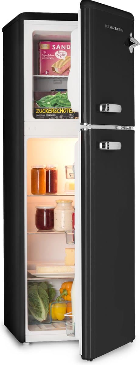 Klarstein Audrey Retro – Retro Kühl /Gefrierkombination, Kühl en Gefrierschrank, Kühlschrank, stufenlos einstellbare Kühlleistung, Innenbeleuchtung, 41 dB Betriebsgeräusch, Schwarz – geschikt voor thuisfitness en sportschoolgebruik, duurzame construc — afbeelding 1