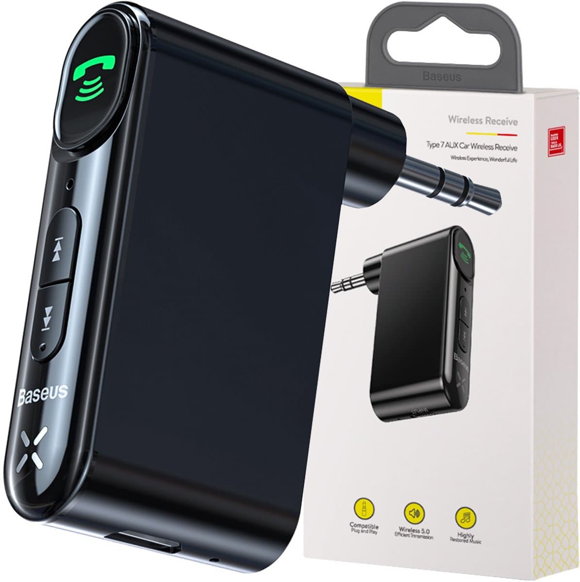 Baseus Bluetooth AUX Muziek Transmitter Autolader met Batterij Zwart — afbeelding 1