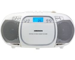 MEDION E66476 Stereo Sound Systeem (Boombox, CD-speler, MP3, cassette, draagbare cassettespeler voor kinderen, FM-radio, AUX, hoofdtelefoon, netstroom & batterij), wit