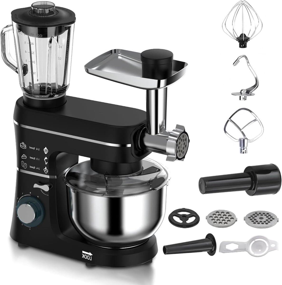 5-in-1 multifunctionele staande mixer, 1400W, 6 snelheden, kantelbare kop, vleesmolen, 10L roestvrijstalen kom, met deeghaak, mengklopper, garde, 1,5L sapbeker black — afbeelding 1