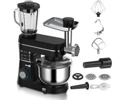 5-in-1 multifunctionele staande mixer, 1400W, 6 snelheden, kantelbare kop, vleesmolen, 10L roestvrijstalen kom, met deeghaak, mengklopper, garde, 1,5L sapbeker black