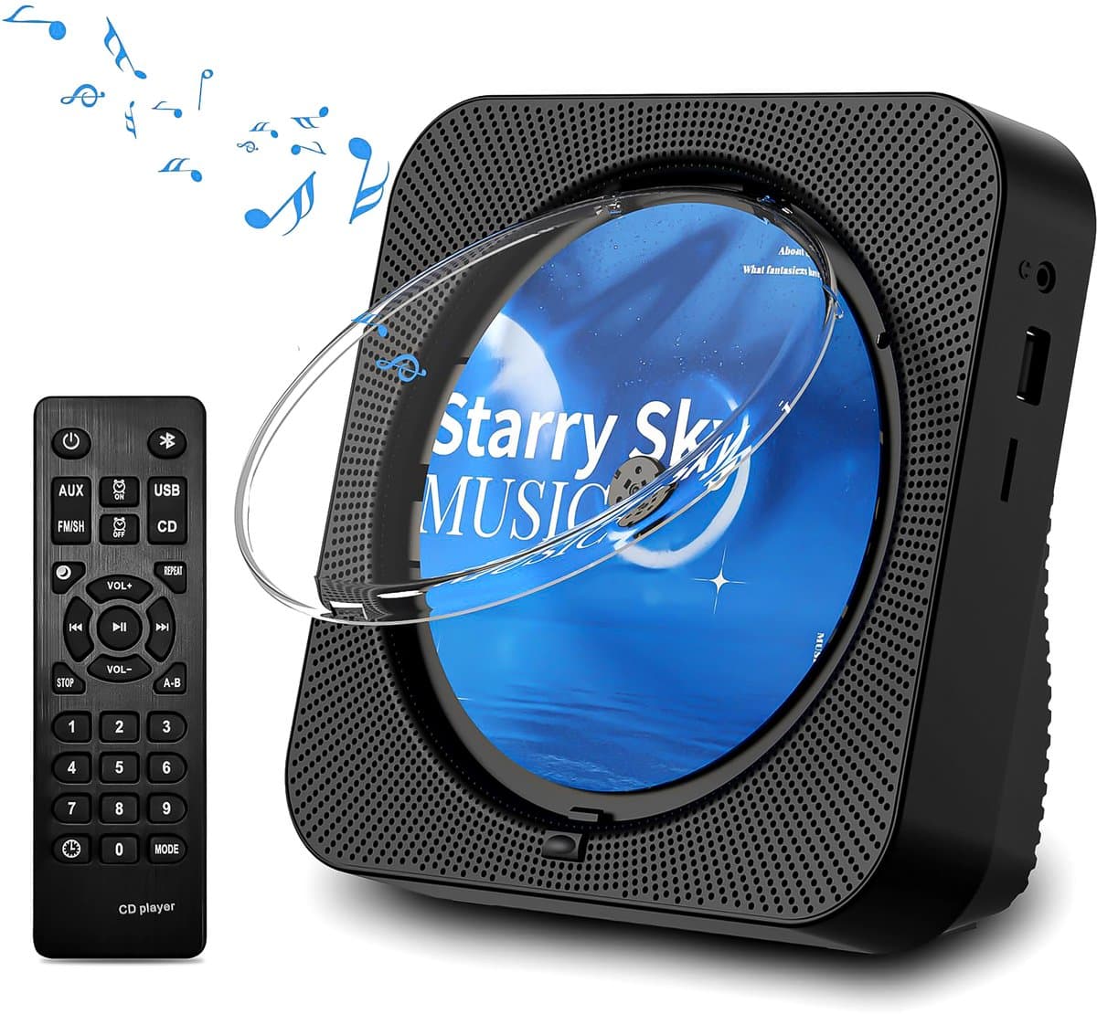 Discman - CD Speler met Bluetooth - Ingebouwde Speakers - FM Radio - Inclusief Afstandsbediening - USB & AUX - Koptelefoonaansluiting - LED Display - Zwart — afbeelding 1