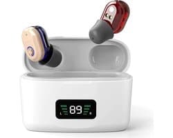 Oplaadbare hoortoestellen voor senioren, in-ear ontwerp, ruisonderdrukking, geluidsversterking, USB-interface, lange batterijduur, wit LED-display.