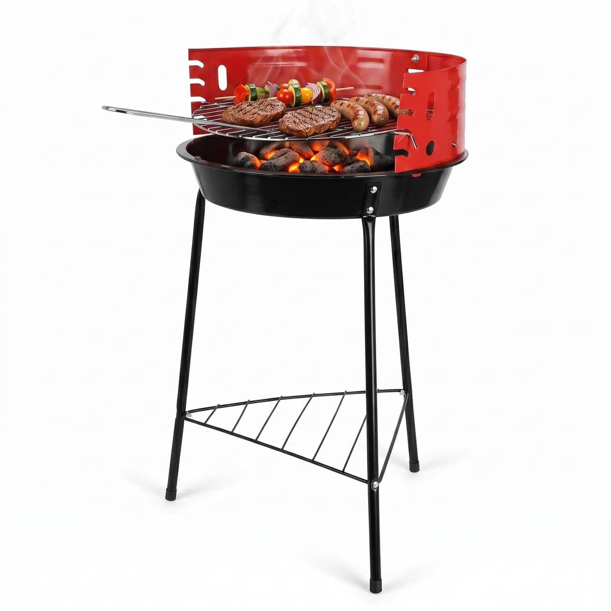 Cheqo® Houtskoolbarbecue op Poten - Staande Barbecue met Windscherm en Chromen Grillrooster - Houtskoolgrill - Halfopen BBQ voor Tuin en Balkon - Houtskool Grill - Camping Barbecue - Tuinbarbecue - Kolen BBQ - met Onderrek - Zwart — afbeelding 1
