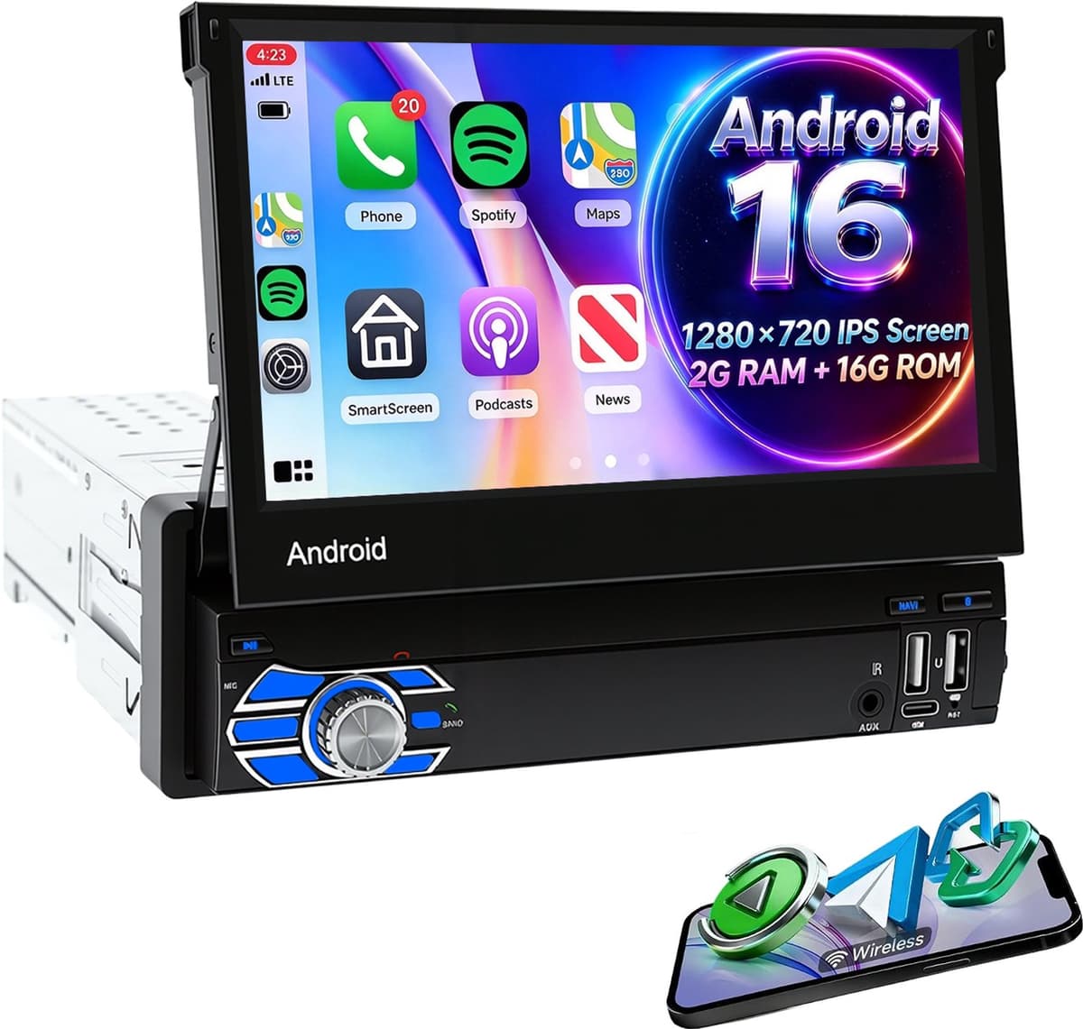 ESSGOO autoradio 1 din - Apple CarPlay & Android Auto (draadloos) - 7" HD touchscreen handmatig opvouwbaar scherm - Android 16, 2+32GB - GPS, wifi, USB, AUX — afbeelding 1