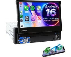ESSGOO autoradio 1 din - Apple CarPlay & Android Auto (draadloos) - 7" HD touchscreen handmatig opvouwbaar scherm - Android 16, 2+32GB - GPS, wifi, USB, AUX