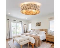 MIVRAY Plafondventilator Met Verlichting – Zes Snelheden – 50 x 20 Cm – Rattan en Kunststof – Koperkleurig – Voor Kleine Slaapkamers