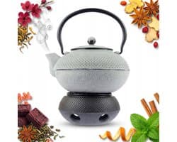 Gietijzeren theepot 1.5L met brander en RVS zeef - Zwart/Grijs