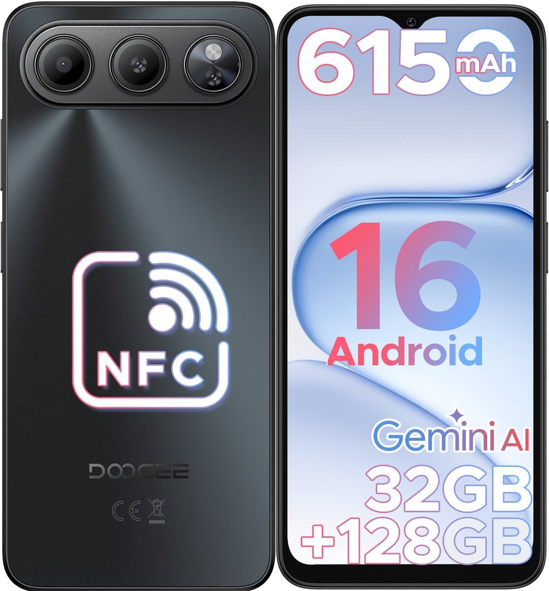 DOOGEE Note 60 - 4G Dual SIM Smartphone - Android 16 -32 GB RAM + 128 GB ROM / 2 TB TF - UNISOC T7225 - 6150 mAh - 8,5 mm ultraslank - 6,56 inch HD+ - 13 MP + 5 MP- NFC - Vingerafdruk - Gezichtsherkenning -Zwart — afbeelding 1