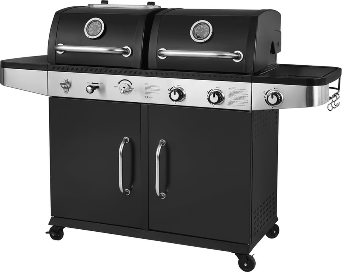 SUMM – Hybride Barbecue MAGNUS – Gasbarbecue & Houtskool BBQ – 2 Grillroosters 48x42 cm – Zijbrander – Opbergkast – Verrijdbaar – Zwart/RVS - Hoogwaardige kwaliteit — afbeelding 1