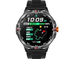 Knobbout 1.46” Scherm Sport Smartwatch met Extra Lange Batterijduur – 1000mAh - LED-zaklamp & kompas - AI Spraakassistent - Bluetooth Bellen - 100+ Sportmodi, IP68 Waterdicht -Zwart Silicone