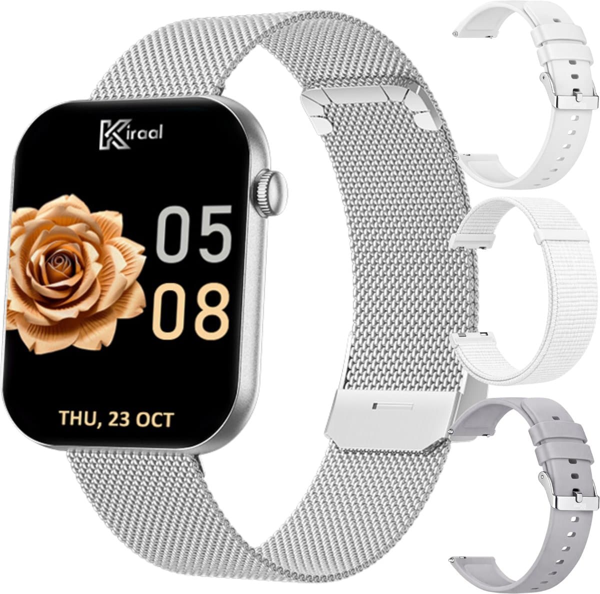 Kiraal Aura AMOLED Smartwatch voor Dames – 4 Bandjes (RVS, Nylon & 2x Siliconen) – Hartslagmeter – Stappenteller – Slaapmonitor – Multisport – Compatibel met Android & iOS – Zilver en Wit — afbeelding 1