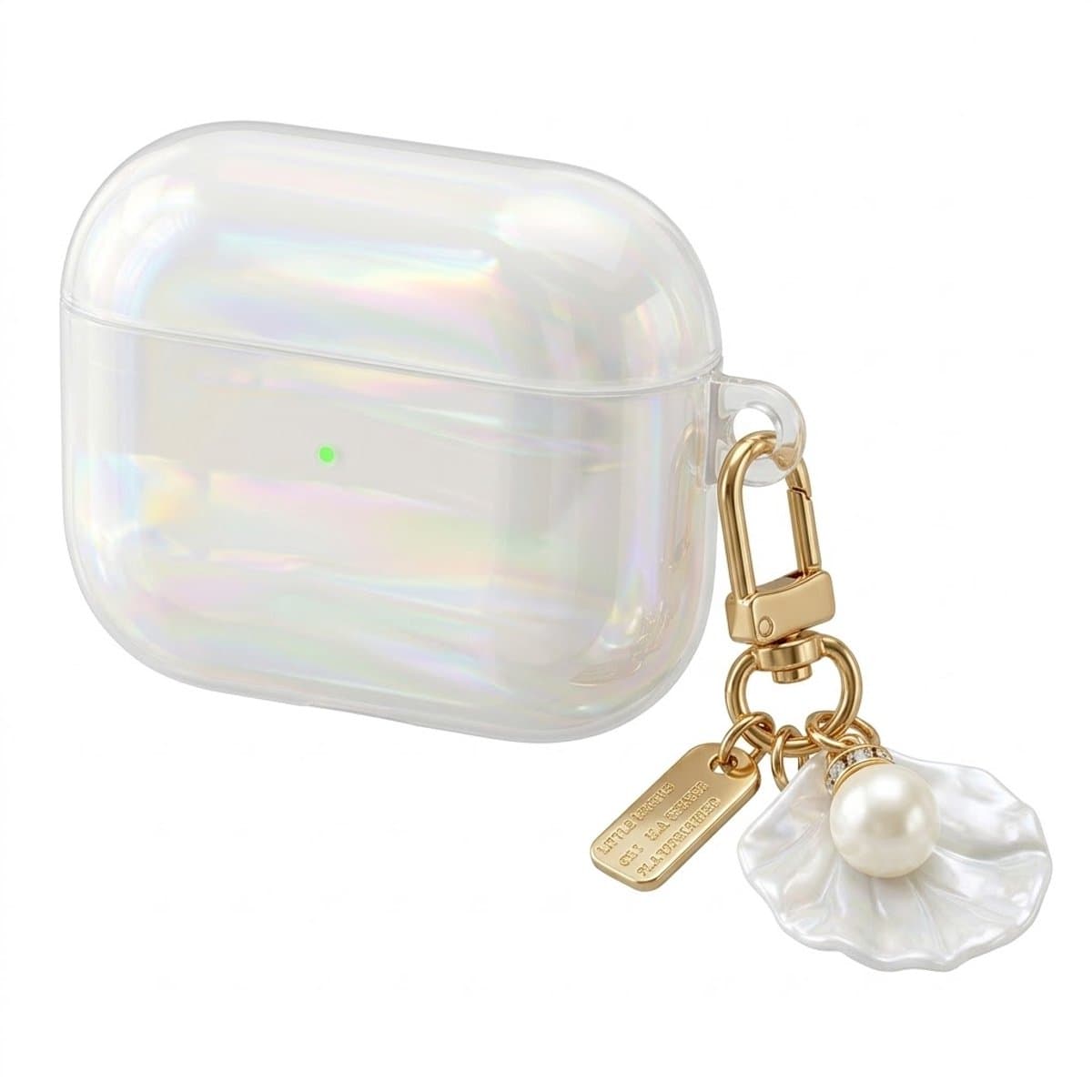 Transparant parelmoer hoesje voor oordopjes dames met schelp patroon en decoratieve hanger geschikt voor AirPods Pro 2 met iriserende afwerking en clip — afbeelding 1