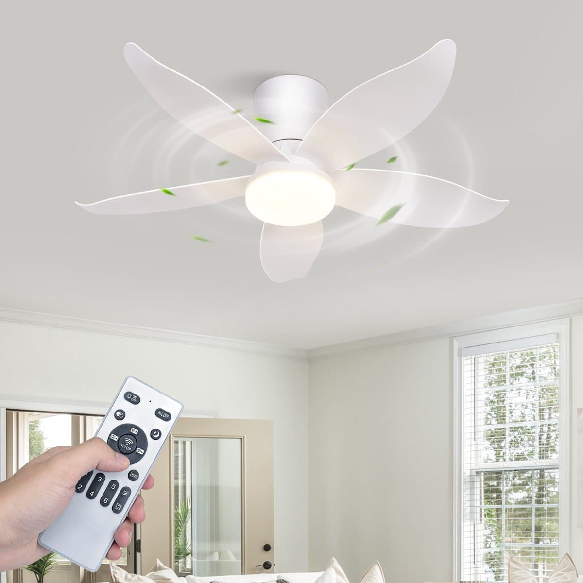 NETTLIFE Plafondventilator met Verlichting - Stil - 5 Bladen - Wit - Dimbaar - 6 Snelheden - Met Afstandsbediening - Voor Slaapkamer & Woonkamer — afbeelding 1
