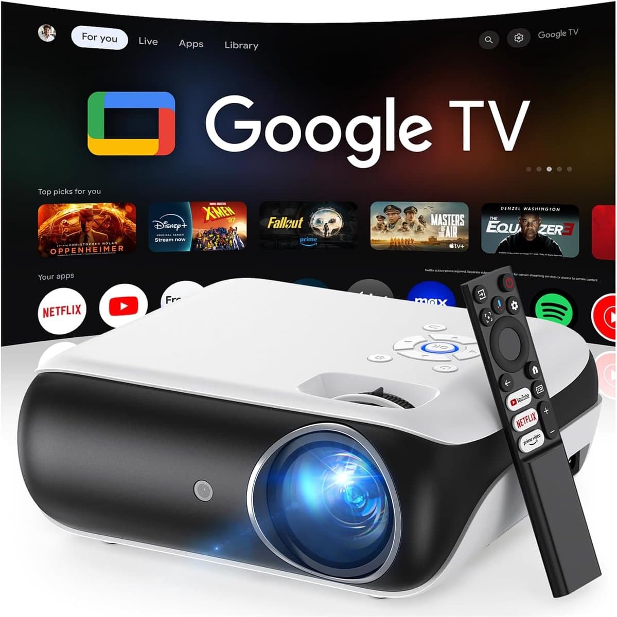 MELVRA Smart Beamer - Official Google TV - 4K Mini Projector - 1000 ANSI Lumens - WiFi6 & Bluetooth - Dolby Audio - Netflix & YouTube - Home Cinema - Spraakbesturing — afbeelding 1