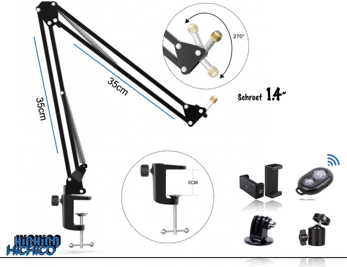 Microfoon Standaard - Telefoon standaard - webcam standaard - Microfoon Arm - Mic Stand - Microfoon Arm - Microfoon Statief - Boom Arm - Podcast - Standaard – Tafelklem - Statiefbevestiging voor uw webcam, Telefoon, Tablet, Ringlamp, spiegel of Micro — afbeelding 1