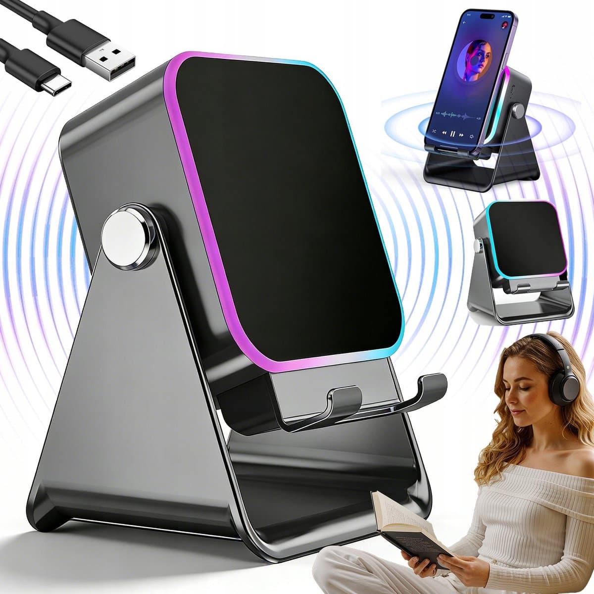 Draadloze Luidspreker - Magnetische Bluetooth-speaker met Sensor & Sfeerverlichting Dubbele modus: inductie + Bluetooth - Sfeerverlichting - 5000mah - Zwart - 360° Verstelbaar — afbeelding 1