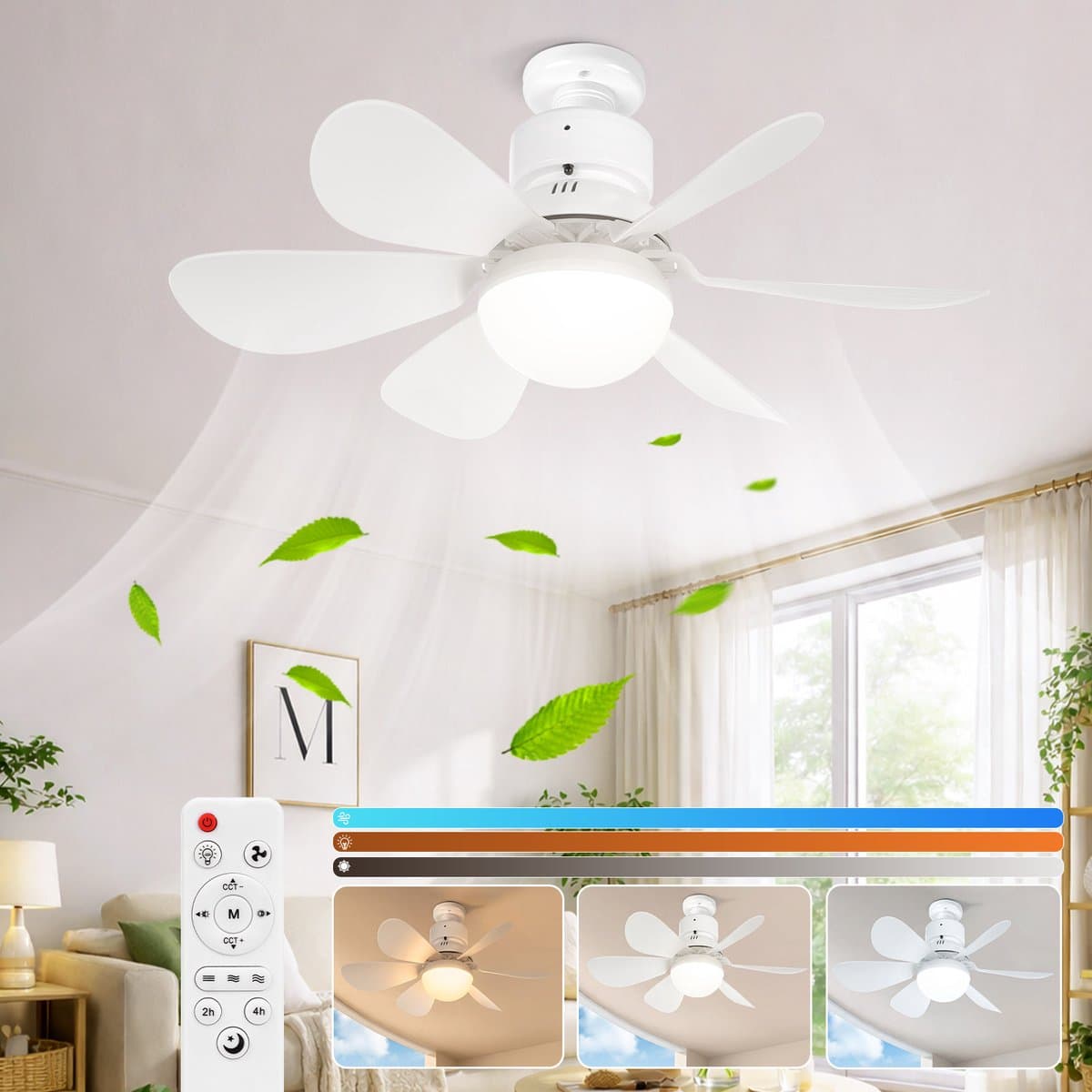 Rosnek E27 Socket Fan met Verlichting - Draadloze Mini Plafondventilator - Inschroefbare Ventilator Lamp Dimbaar - Geheugenfunctie - Slaapkamer/Garage - Wit — afbeelding 1