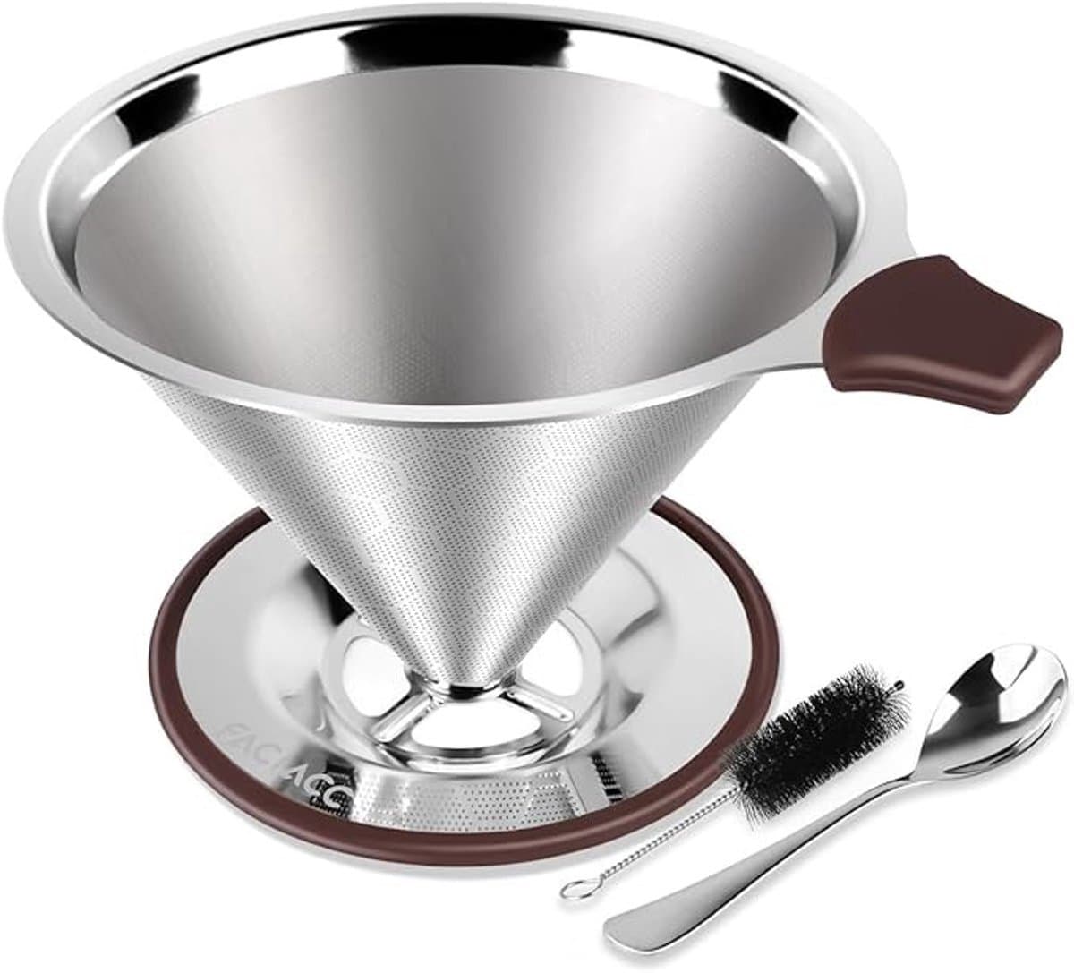 Pour Over Coffee Dripper - Roestvrijstalen Koffiefilter - Herbruikbaar - Dubbel Microgaasfilter - Lepel - Siliconen lade - Reinigingsborstel - 3-4 kopjes — afbeelding 1