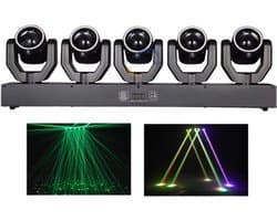 Cellista - Moving Head DJ Licht 180W - 5-Kops LED Beam RGBW + Groene Laser - DMX512 Disco Verlichting - Stage Light met Geluid Besturing - Party Club Bar Licht Effect